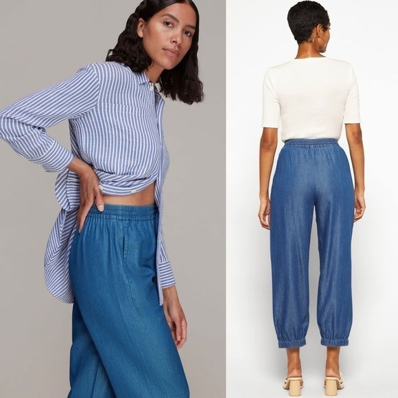 NWT WHISTLES Chambray High Rise Drawstring Waist Ankle Crop Barrel Leg Pants 10 - Picture 2 of 9